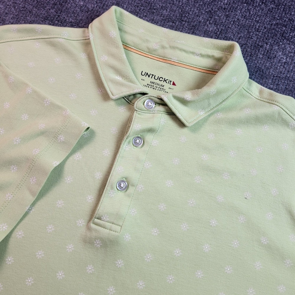 UNTUCKit Mens Medium Sage Green Floral Pima Cotton Short Sleeve Polo Shirt
